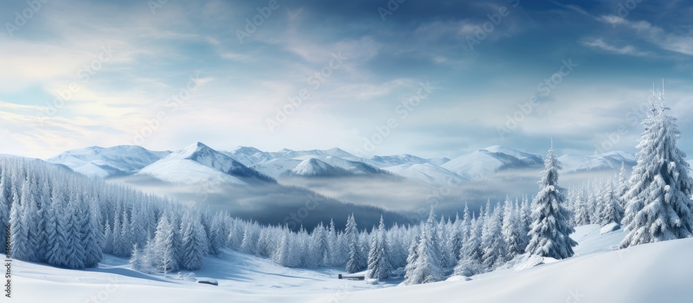 Poster winter mountain valley scene featuring snow-covered pines captured in soft light creates an amazing 