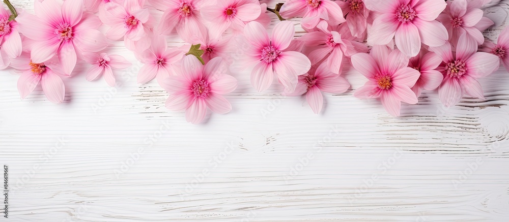Poster Pink flowers on a white wooden background in a top view flat lay with copy space image.