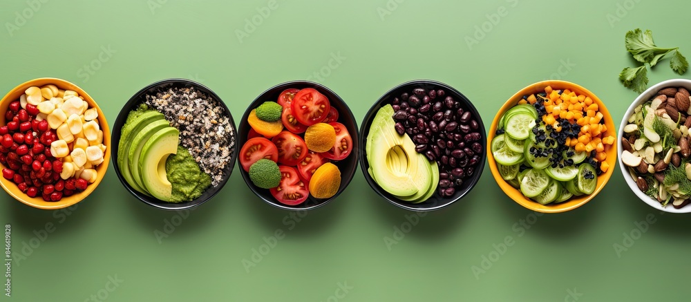 Poster top view of a variety of nutritious salads on a colored background, with ample copy space image.