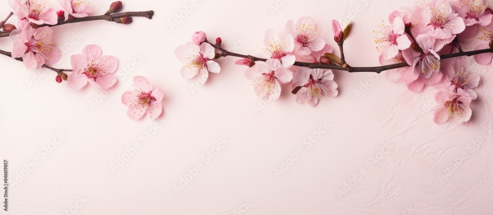 Poster pink plum blossom frame on pastel background signifies the happy women's day concept in a top view f