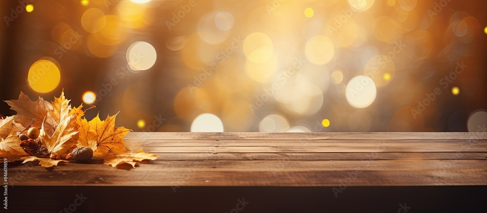 Poster Autumn-themed wooden table with a blurred background featuring golden hues, bokeh lights, and colorful falling leaves, ideal for a copy space image.