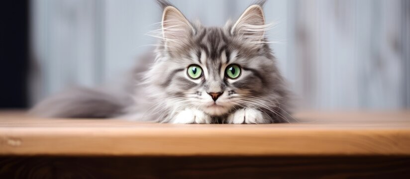A cute long-haired gray kitten with big green eyes rests on a white table, grooming its whiskers. The adorable cat leaves room for a copy space image.
