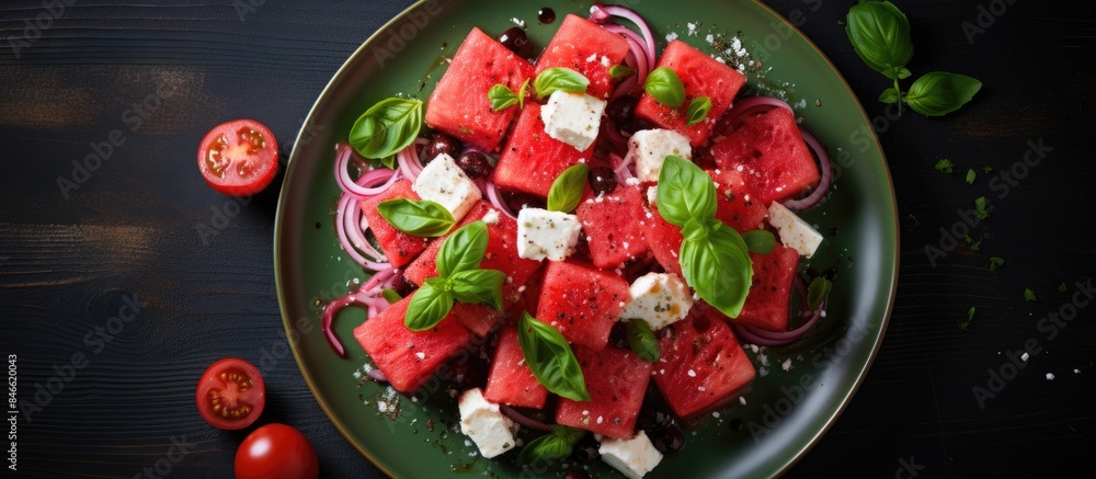 Aufkleber delicious summer dessert featuring a watermelon salad complemented by feta cheese and basil, with a 