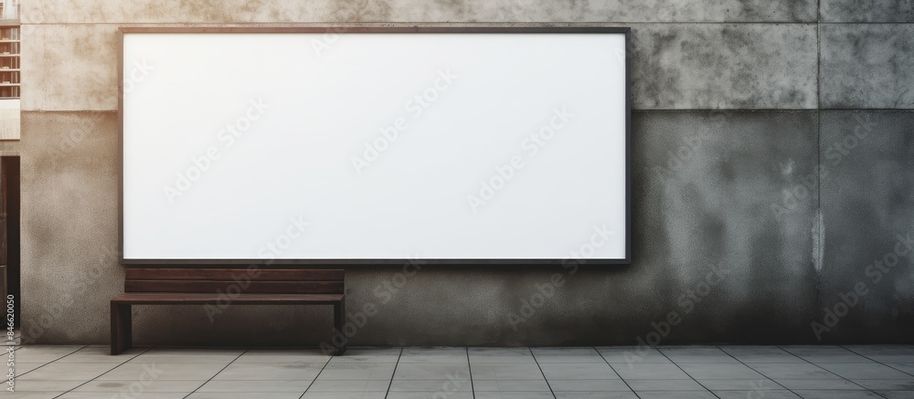 Aufkleber an urban setting features a white paper billboard or poster in a frame against a wall with copy spac