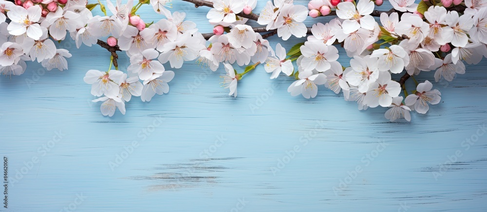 Poster cherry blossoms blooming in spring on a blue wooden backdrop, seen from above with copy space in a f