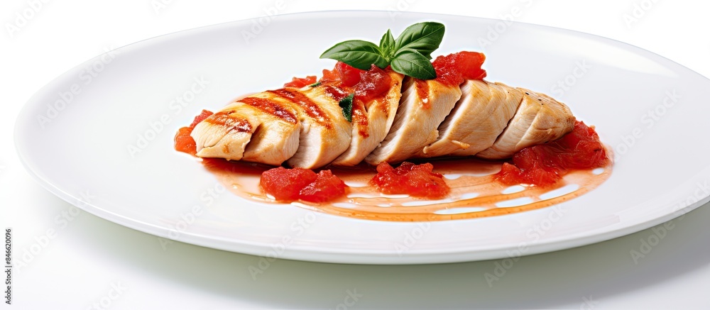 Poster a grilled chicken fillet topped with tomato sauce, set against a white backdrop, creating a captivat