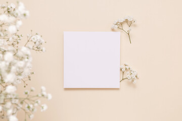 Paper greeting card with copy space and gentle gypsophila flowers on beige background, top view. Mockup paper card for design, print, wedding and invitation
