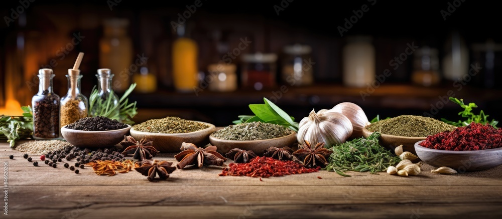 Aufkleber various spices and herbs displayed on a kitchen table with copy space image.