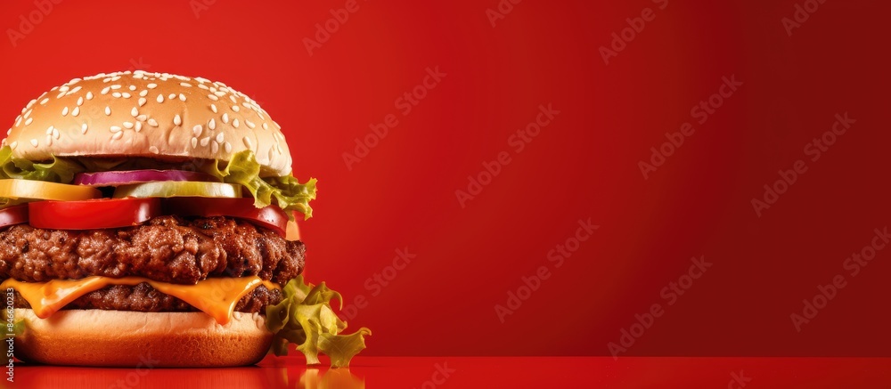 Poster A towering hamburger set against a red backdrop with a copy space image.