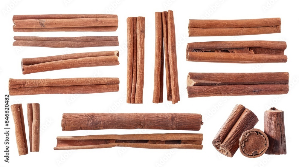 Sticker Isolated set of fragrant dry cinnamon sticks on a white background