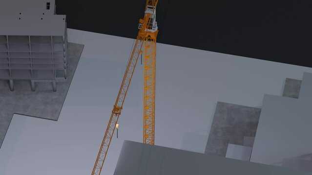 under construction site engineering with frame structure and tower crane 3D looping animation realistic generic 4k
