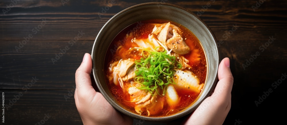 Poster Korean cuisine portrayed in an image with a bowl of kimchi soup featuring pork and tofu being held with a copy space image included