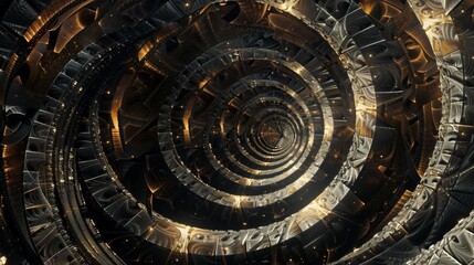 Abstract tunnel of concentric rings with intricate patterns and glowing golden highlights, creating a sense of depth and motion