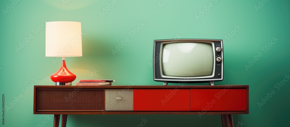 Poster Mint green background showcases retro television with antenna on table, creating a nostalgic vibe in the copy space image.