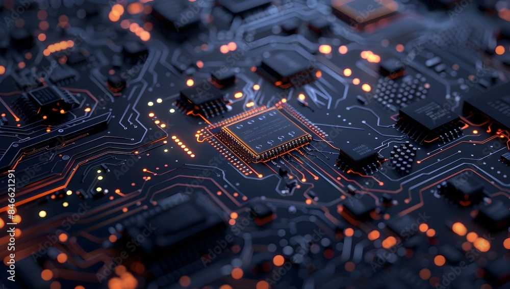 Wall mural close up of a black circuit board with a glowing chip, featuring a blue and orange color scheme