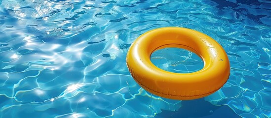 Yellow inflatable pool float ring in a blue pool symbolizing the essence of summer colors.
