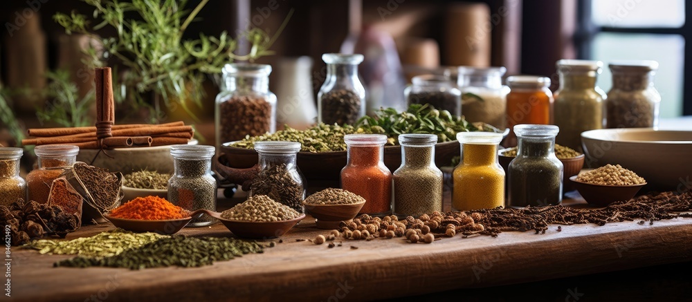 Aufkleber various spices and herbs displayed on a kitchen table with copy space image.