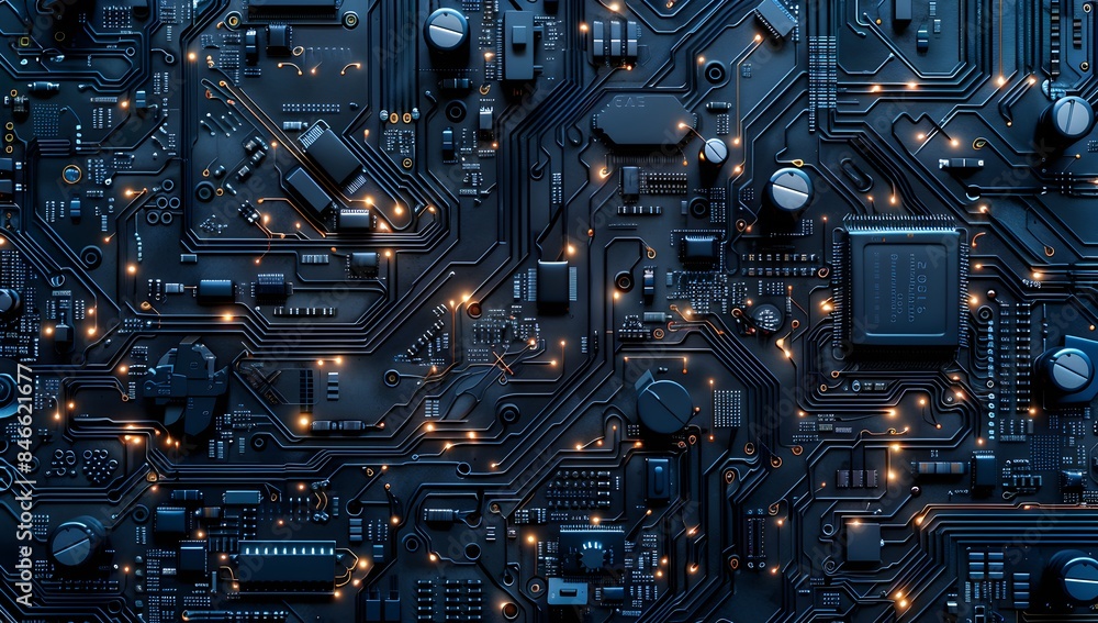 Poster high-tech circuit board with black and blue tones, showcasing advanced microchips and circuits on th