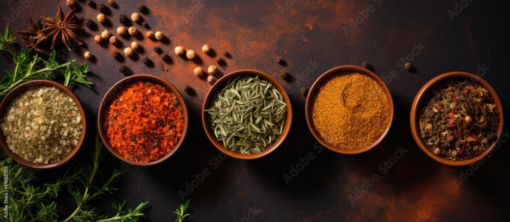 Aufkleber Top-down view of various seasonings in cups on a spice background with copy space image.