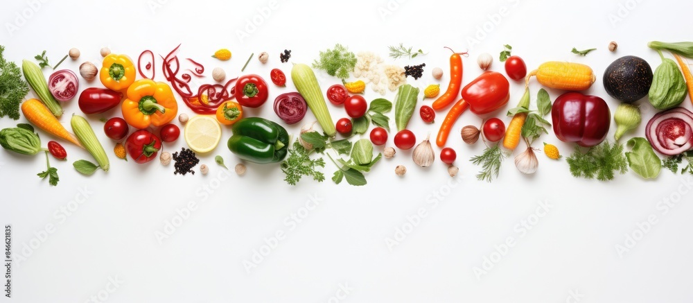 Poster a food-themed creative layout arranged with various vegetables on a white background, suitable for f