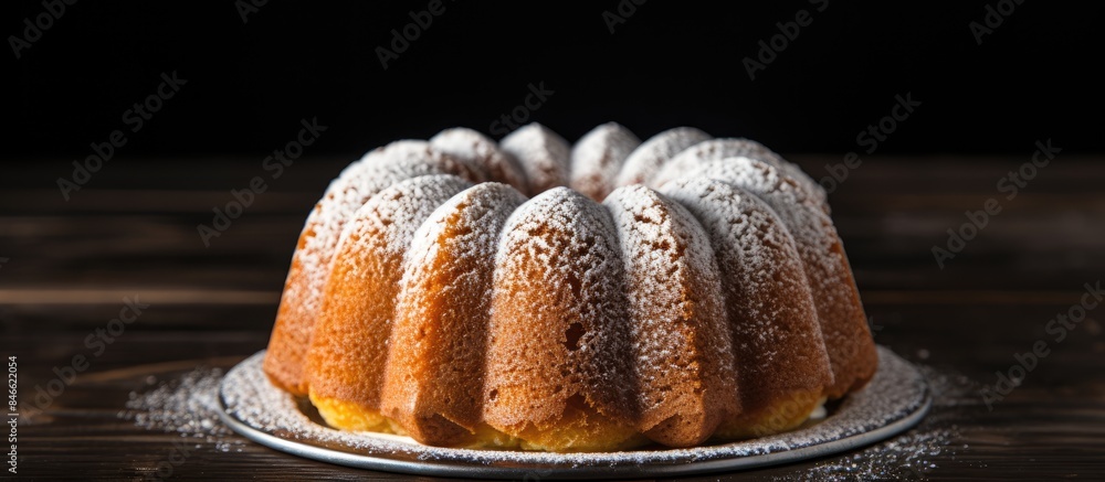 Poster bundt pan-baked pound cake in classic vanilla or sour cream flavor, sprinkled with powdered sugar, w