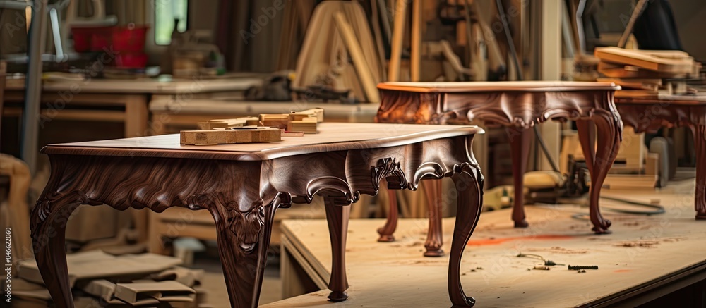 Poster Joiner designs cabriole legs for antique tables with Louis and Queen Anne styles in a workshop setting, showcasing craftsmanship and dedication. with copy space image. Place for adding text or design