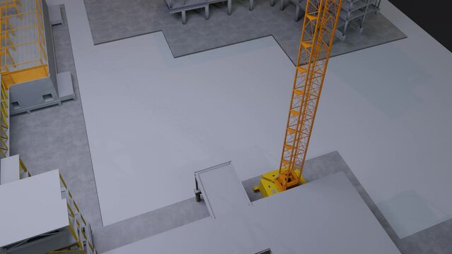 under construction site engineering with frame structure and tower crane 3D looping animation realistic generic 4k