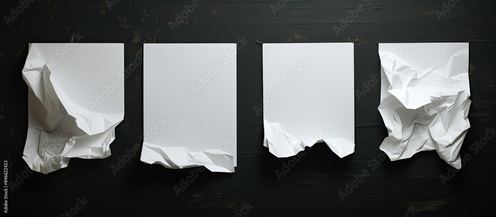Poster four torn white paper sheets against a black wall with copy space image.