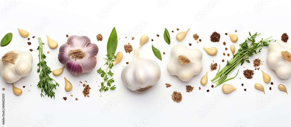 Poster Top view of garlic and herbs on a white background with an available area for additional image content.