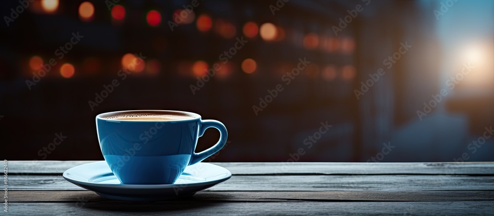 Poster blue cup of coffee on a wooden cafe table with a backdrop of soft lighting, ideal for a copy space i