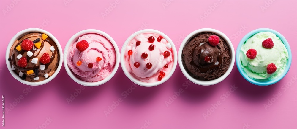 Aufkleber colorful ice cream bowls with a variety of flavors and fresh toppings arranged on a pink background 