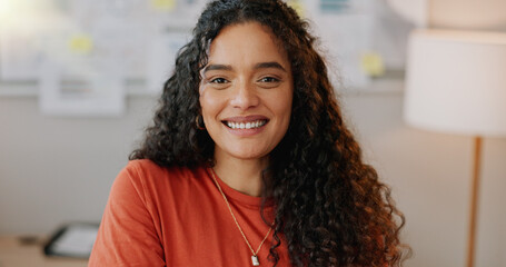 Design, portrait and smile with creative woman in office for administration or project management....
