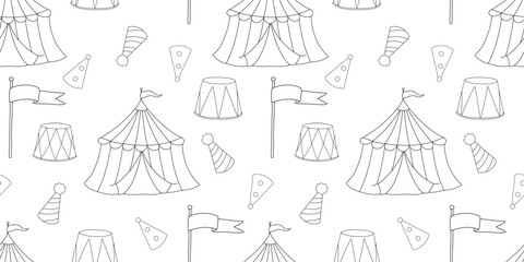 Seamless pattern with outline circus tent, flags and funny cap on white background. Hand drawn repeat backdrop for nursery, kids and baby.