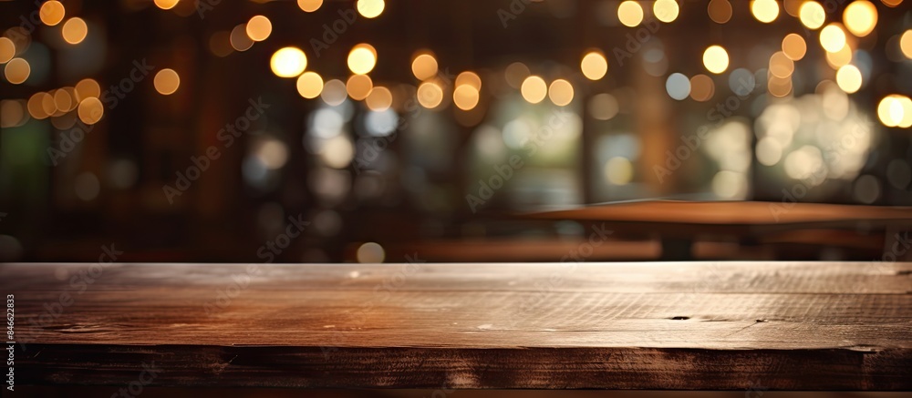Poster wooden table with copy space image set against a blurred background of restaurant lights.
