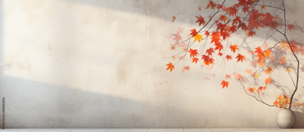 Poster An abstract autumn scene with the shadow of maple tree leaves against a wall, providing a backdrop with copy space image.