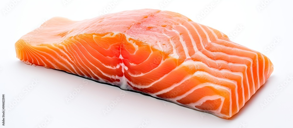 Poster close-up of a fresh salmon slice with ingredients, isolated on a white background, with copy space i