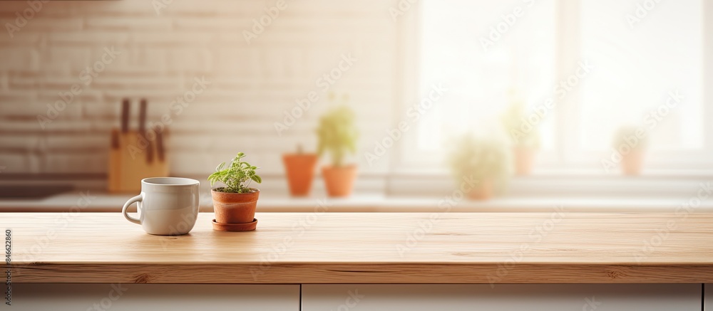 Poster Home background with a blurred kitchen interior and desk, ideal for adding text or images with copy space image.