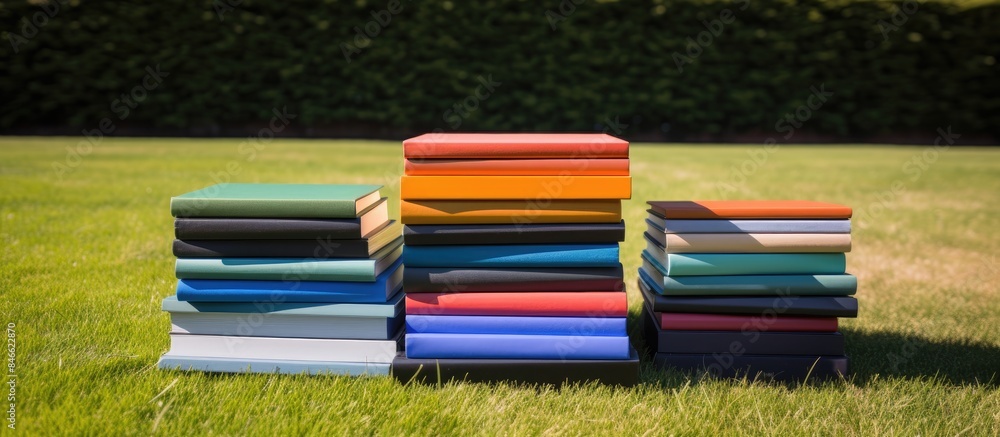 Poster Colorful books stacked on the grass at the university campus with a blank space for inserting an image. with copy space image. Place for adding text or design