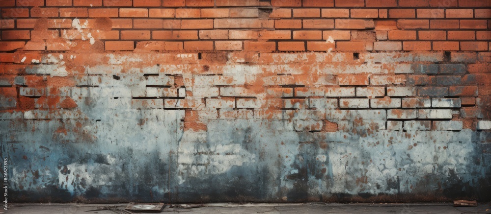 Poster gritty urban street art on a vintage distressed brick wall with graffiti elements, creating a grungy