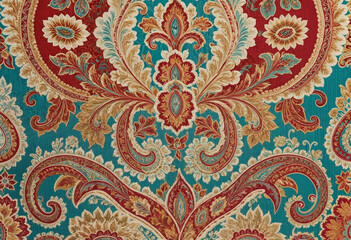 a colorful batik pattern on a red and green background