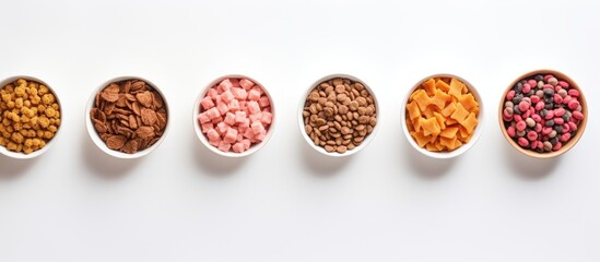 Pet food for cats and dogs displayed in bowls against a plain white backdrop with ample copy space image provided.