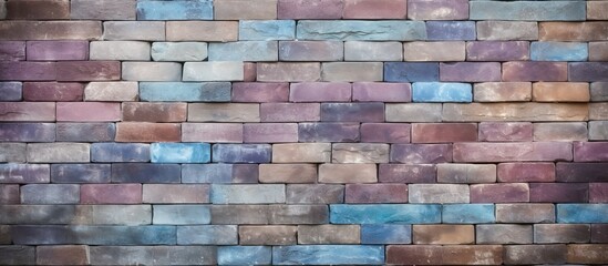 Brick wall with a vibrant mix of purple, blue, and beige colors for a textured background with copy space image.