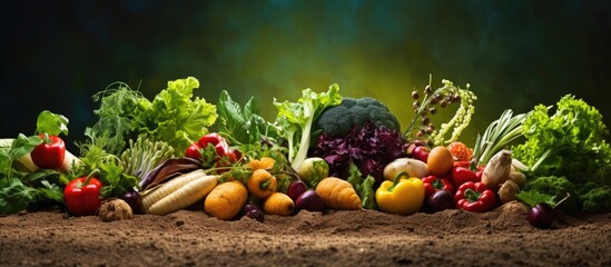 Fruits and vegetables cultivated organically in rich compost with copy space image. © vxnaghiyev