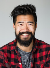 Obraz premium A headshot of a handsome young Asian American man with black hair mustache and beard wearing a flannel shirt, smiling at the camera against a studio background with a simple composition