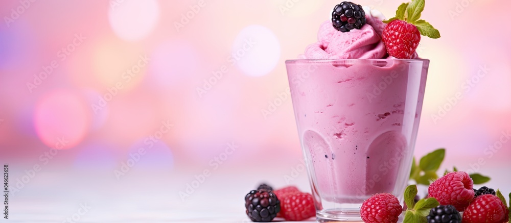 Poster close-up of a delicious sweet dessert - berry yogurt ice cream with a smooth texture, fresh fruit sm