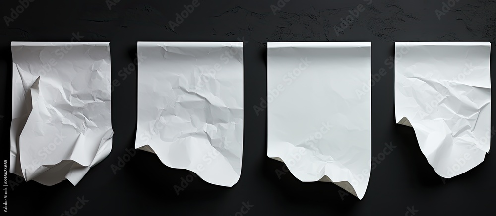 Poster four torn white paper sheets against a black wall with copy space image.
