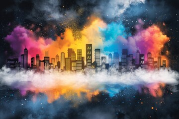 Fototapeta premium Vibrant cityscape with colorful AI explosion effect, representing advanced technology and artificial intelligence