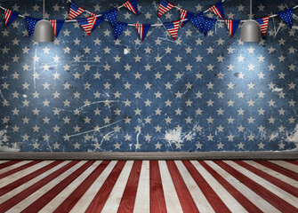 Vintage retro interior in USA flag colors and empty old grunge wall background with stars and striped wood floor, 4th of july Independence Day theme, festive concept for american national holidays.