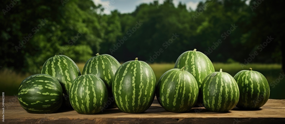 Poster Multiple large sweet green watermelons, whole and sliced, displayed on a wooden table against a natural backdrop for sale with copy space image.