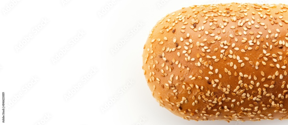 Poster a top view shot of a hamburger bread bun on a white background with a freshly baked, golden brown co